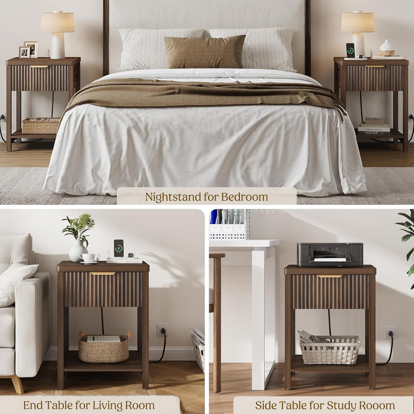 Fluted Walnut Charging Nightstand Set