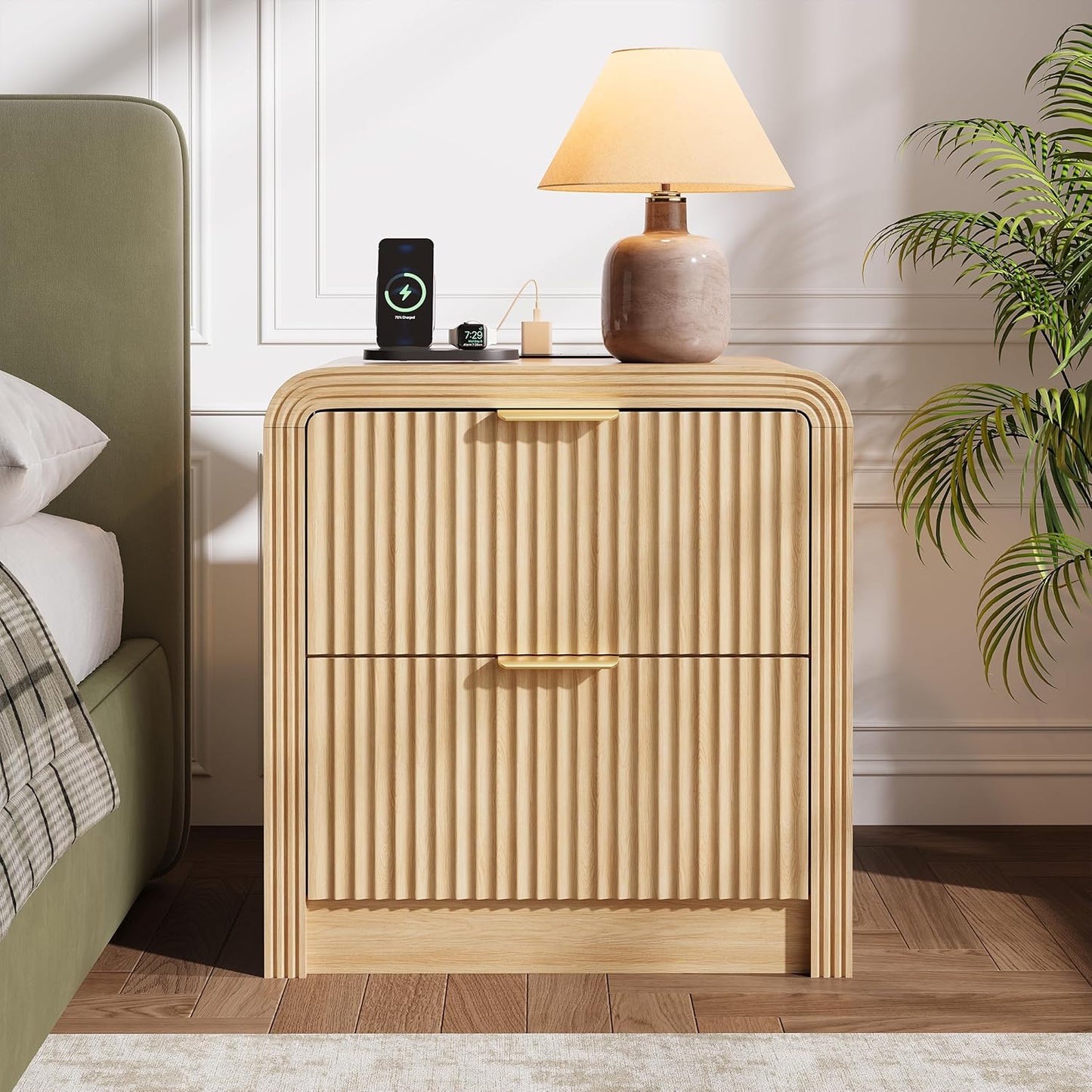 Modern Fluted Charging Nightstand Set