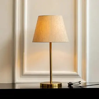 Divine Trends Table Lamp LED, Incandescent Modern Sleek Brass Antique Finish 19 Inches Height With 10 Inches Off White Tapered Lampshade For Bedroom, Living Room, Bedside (Pack Of 1)
