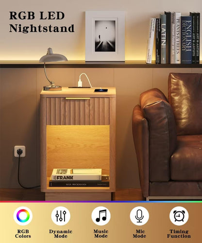 Fluted Oak Charging Nightstand Pair