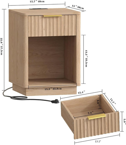 Fluted Oak Charging Nightstand Pair