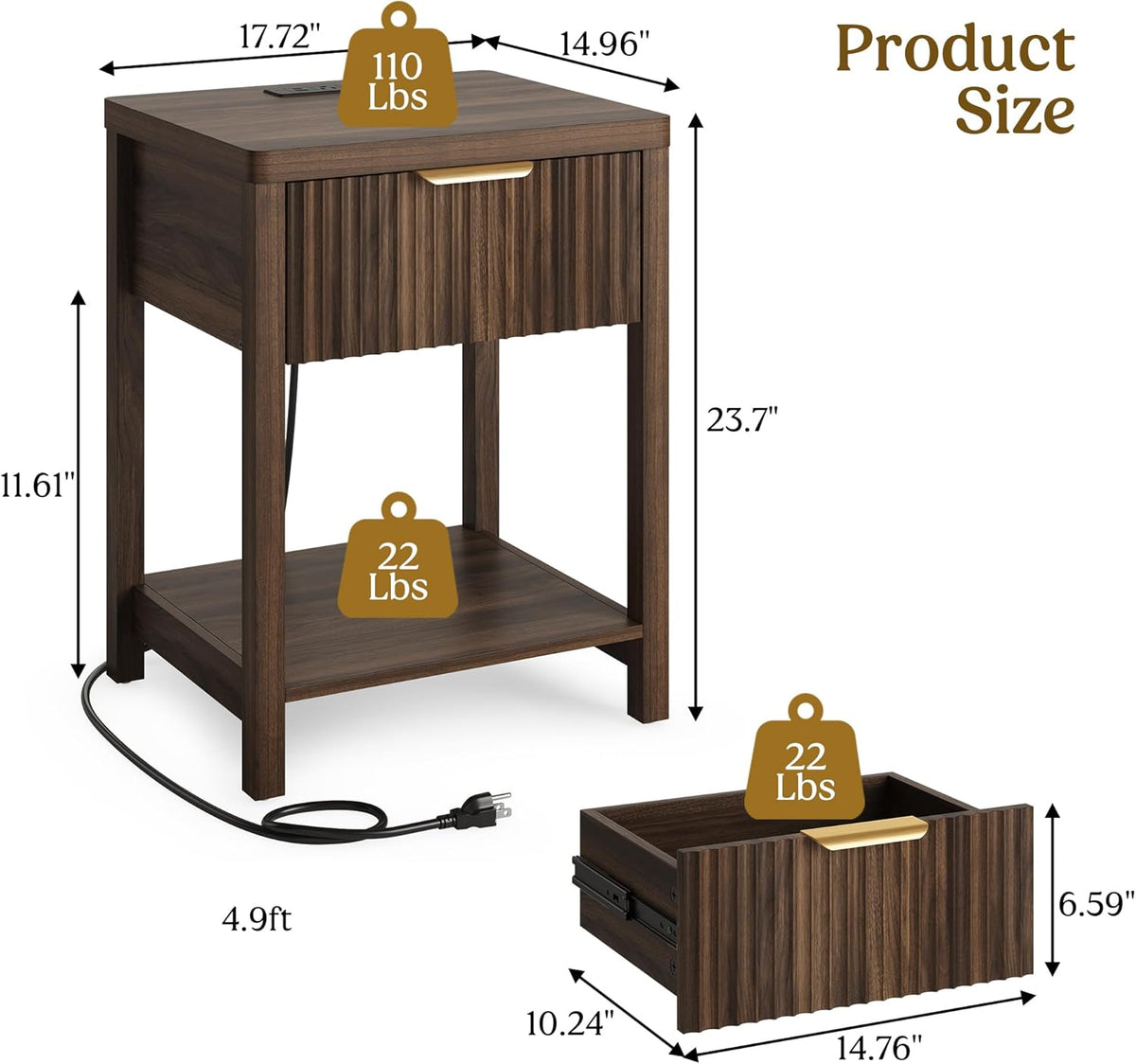 Fluted Walnut Charging Nightstand Set