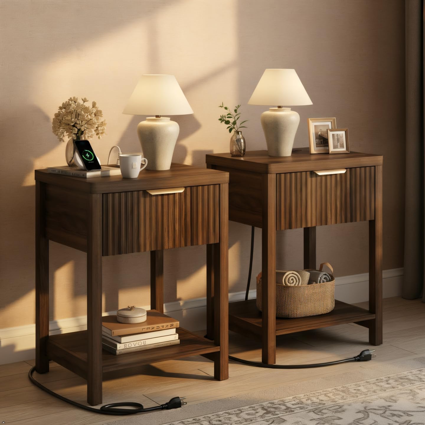 Fluted Walnut Charging Nightstand Set