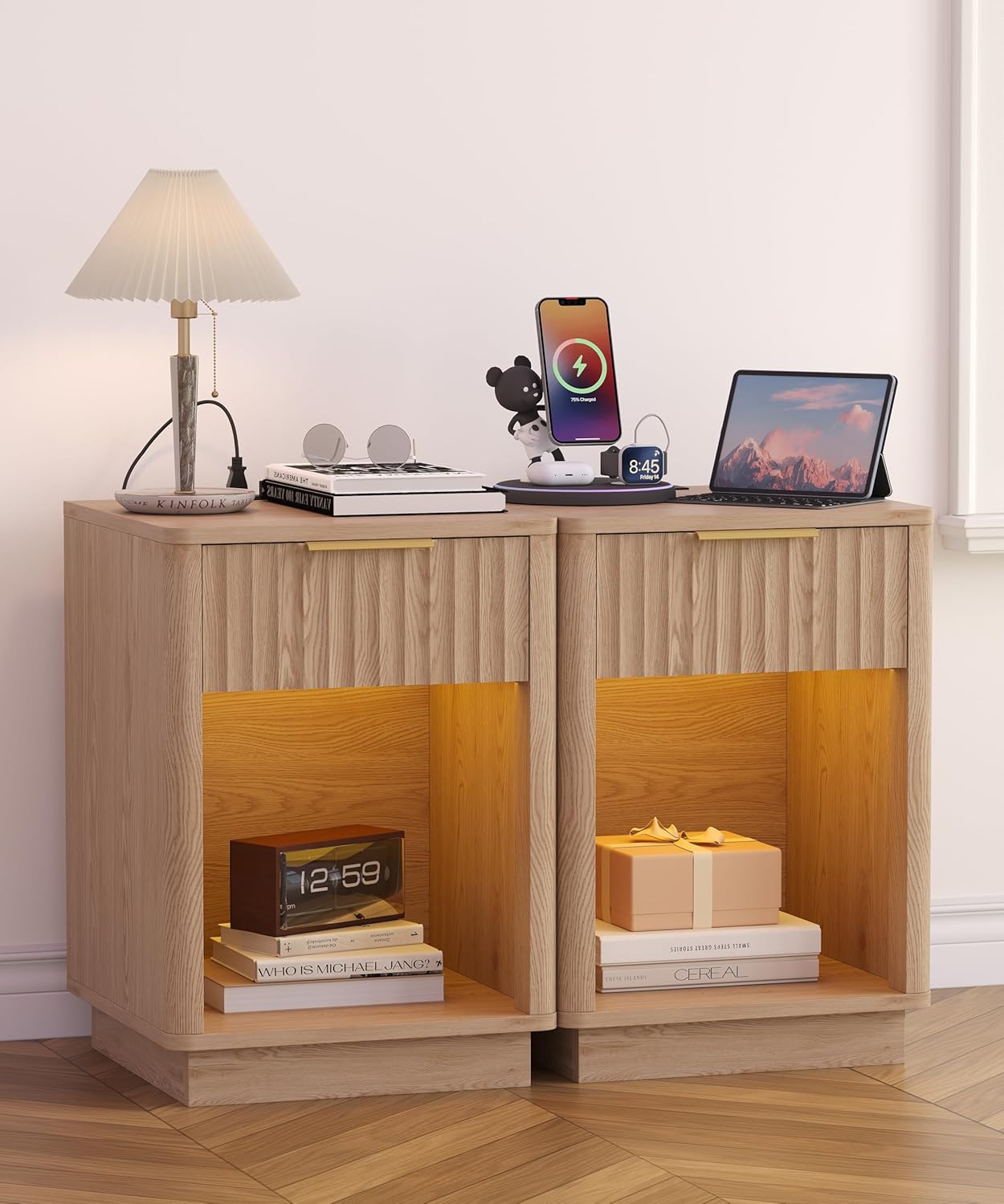 Fluted Oak Charging Nightstand Pair
