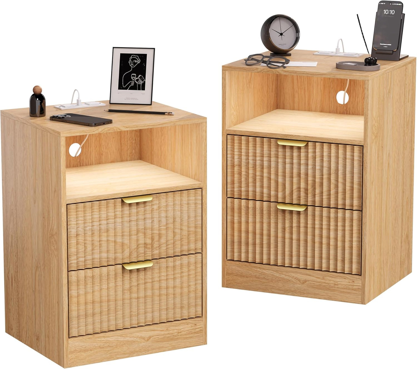 Natural Fluted Smart Nightstand Set