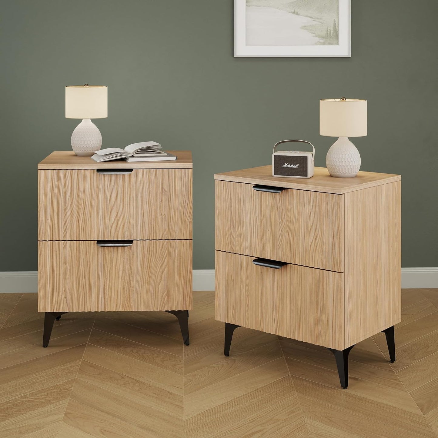 Fluted Oak Charging Nightstand Pair