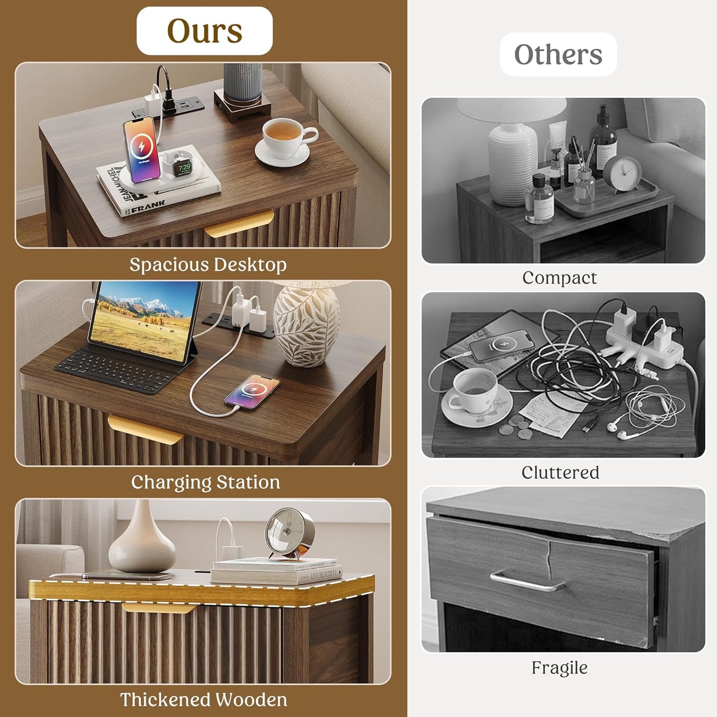 Fluted Walnut Charging Nightstand Set