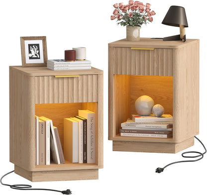 Fluted Oak Charging Nightstand Pair