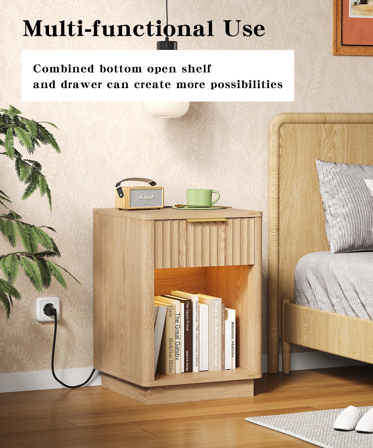 Fluted Oak Charging Nightstand Pair
