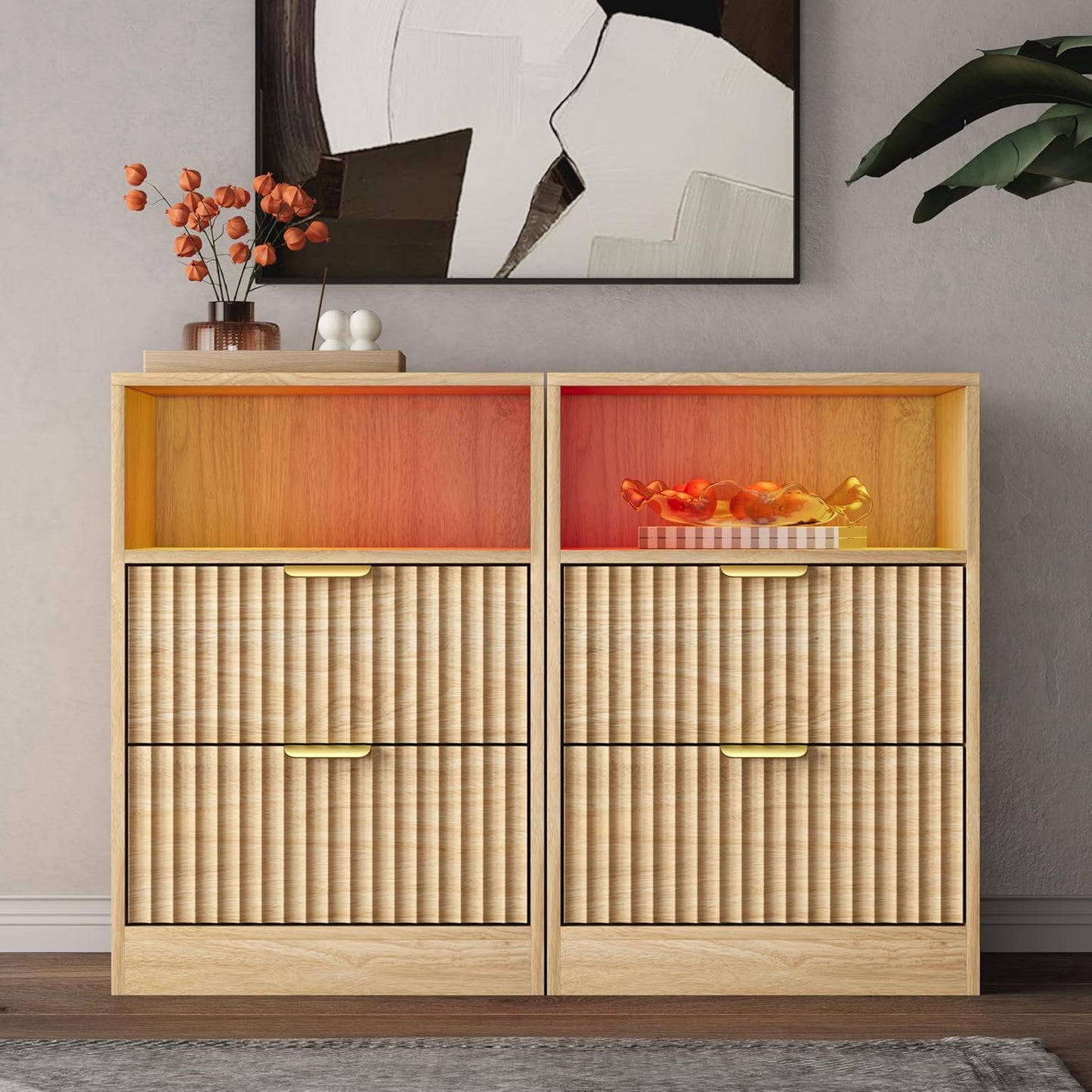 Natural Fluted Smart Nightstand Set