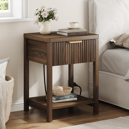 Fluted Walnut Charging Nightstand Set