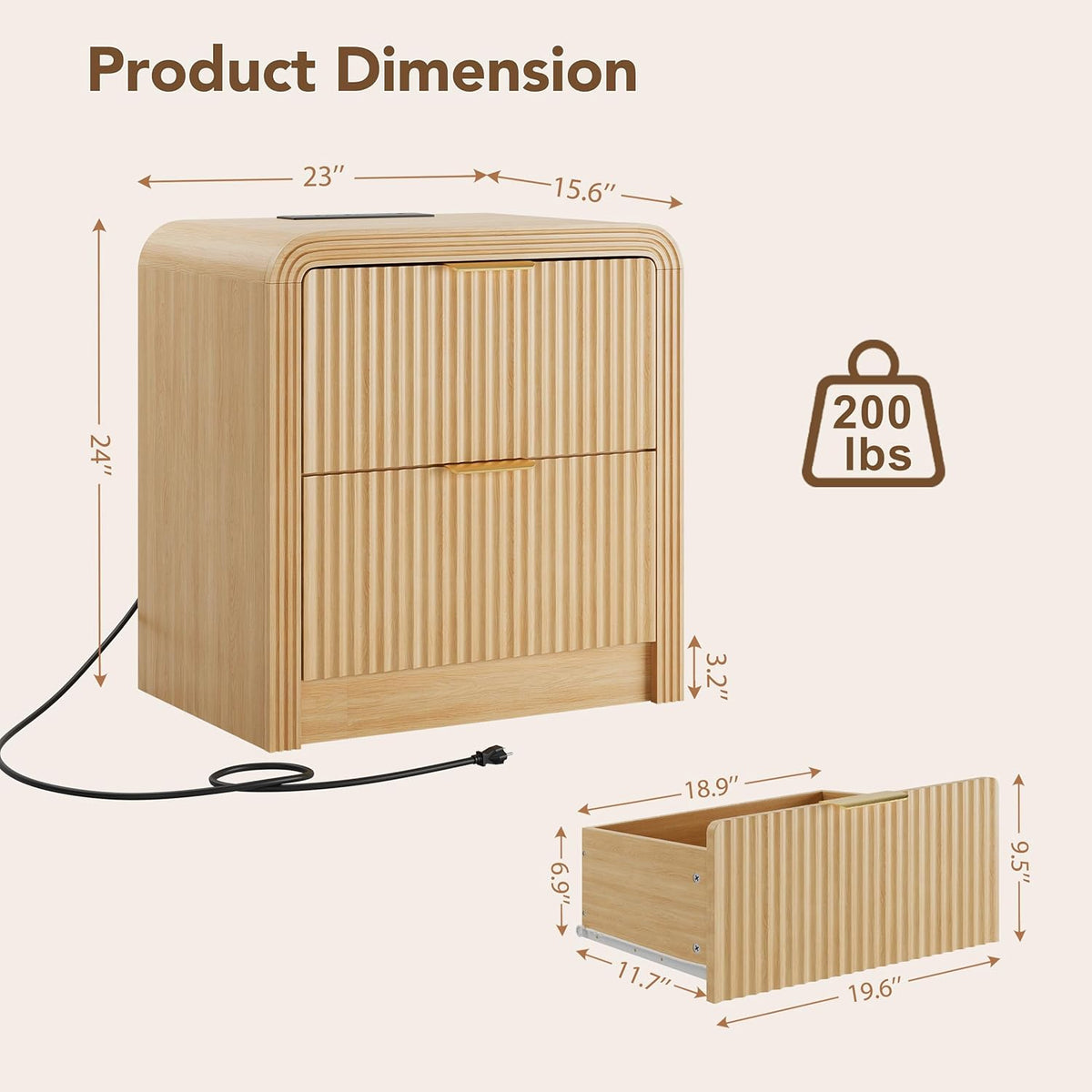 Modern Fluted Charging Nightstand Set