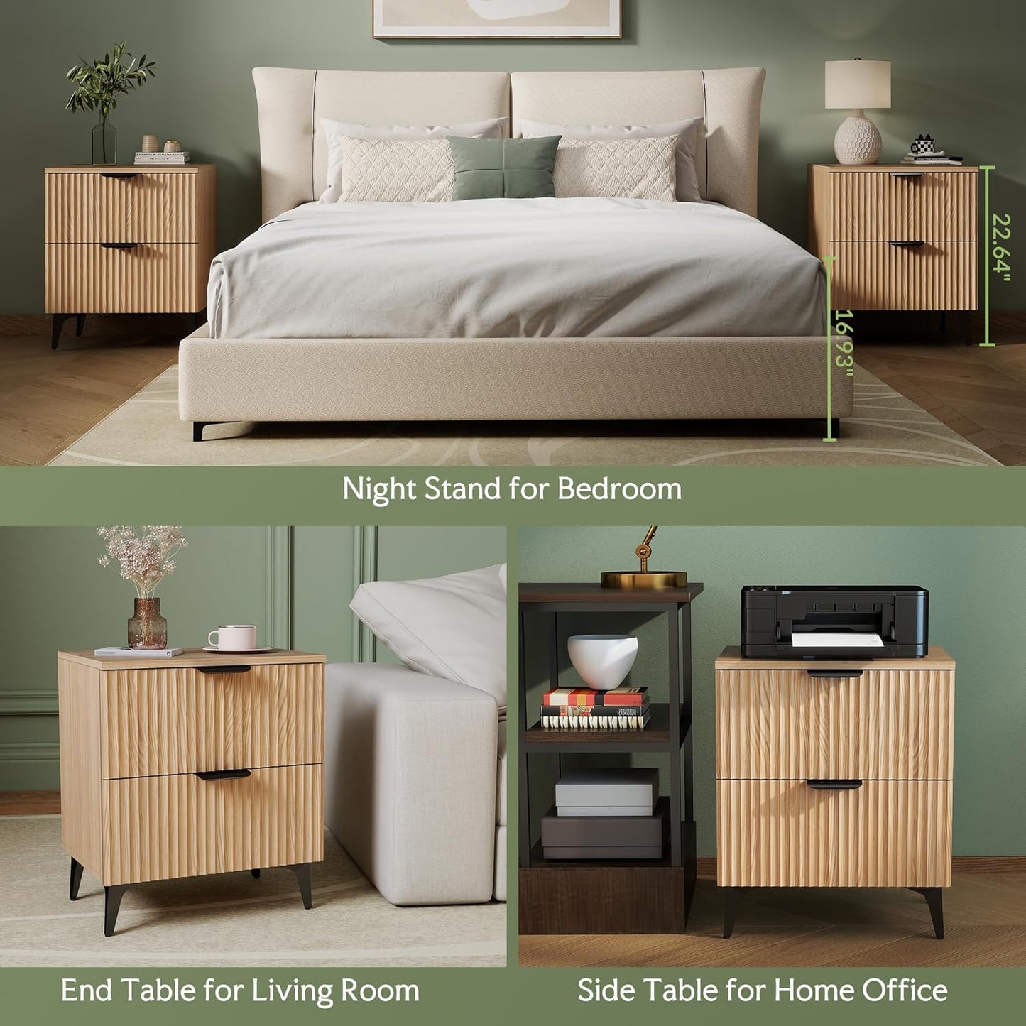 Fluted Oak Charging Nightstand Pair
