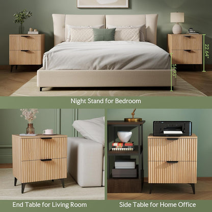 Fluted Oak Charging Nightstand Pair