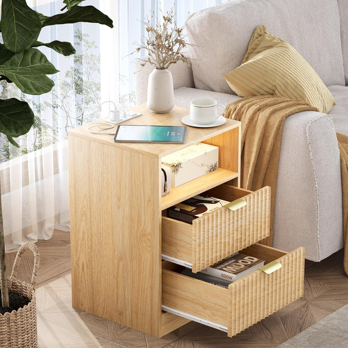Natural Fluted Smart Nightstand Set