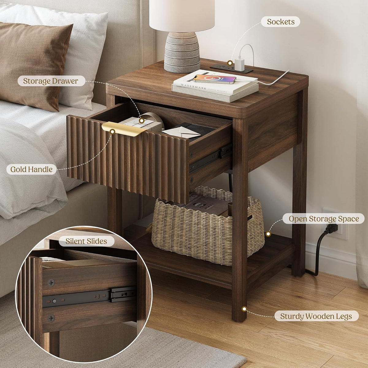 Fluted Walnut Charging Nightstand Set