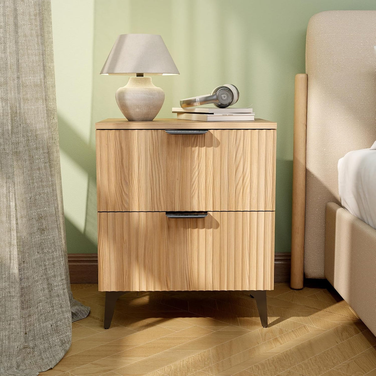Fluted Oak Charging Nightstand Pair