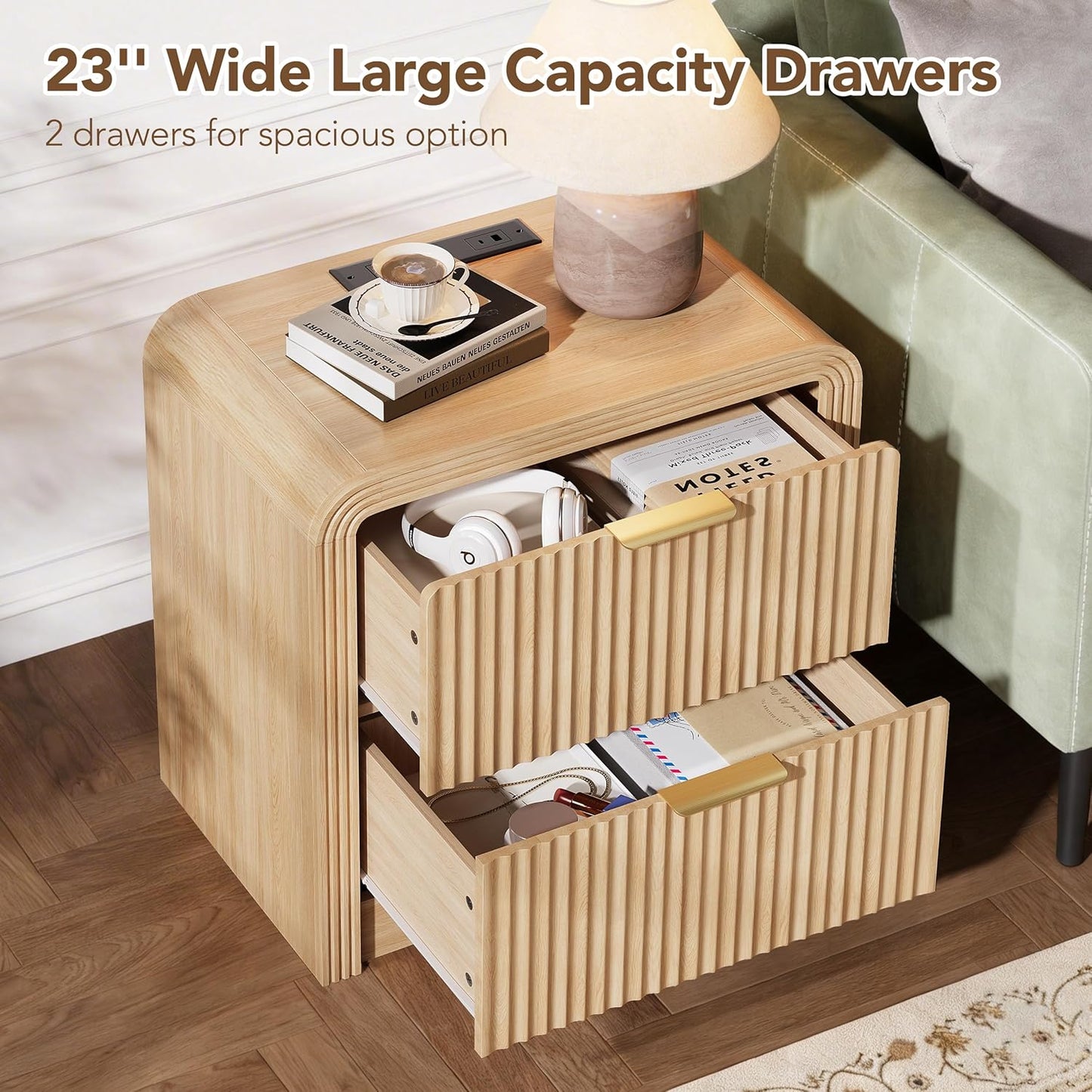 Modern Fluted Charging Nightstand Set