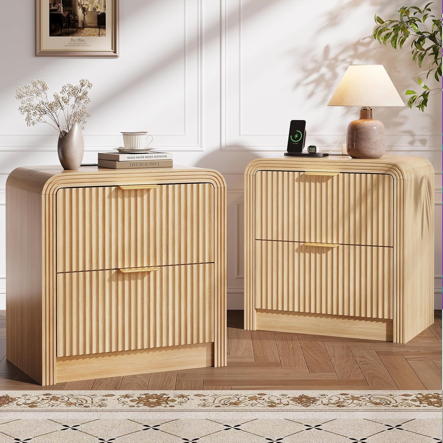 Modern Fluted Charging Nightstand Set