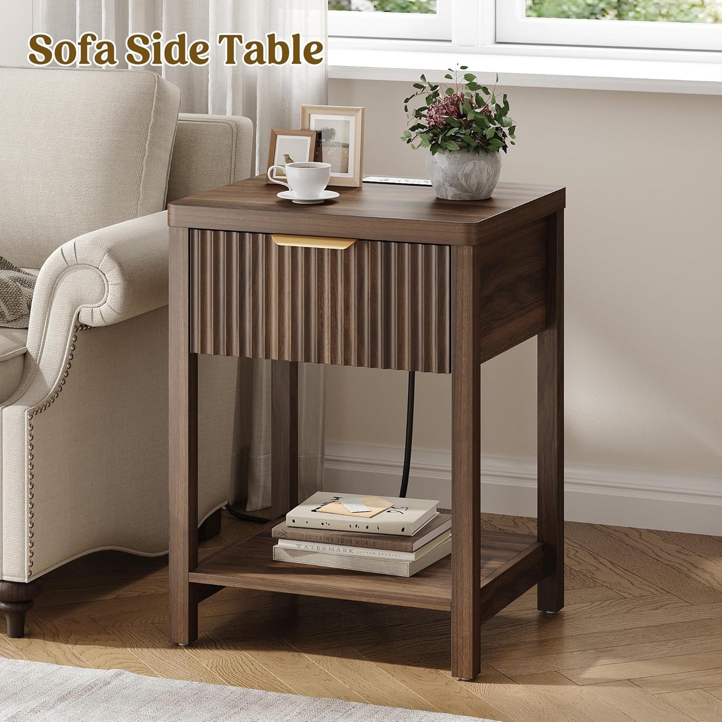 Fluted Walnut Charging Nightstand Set