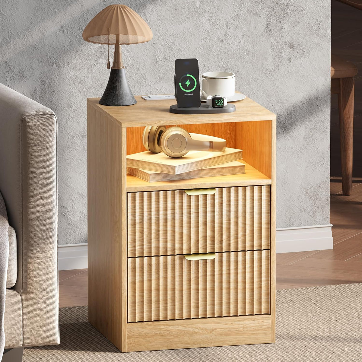 Natural Fluted Smart Nightstand Set