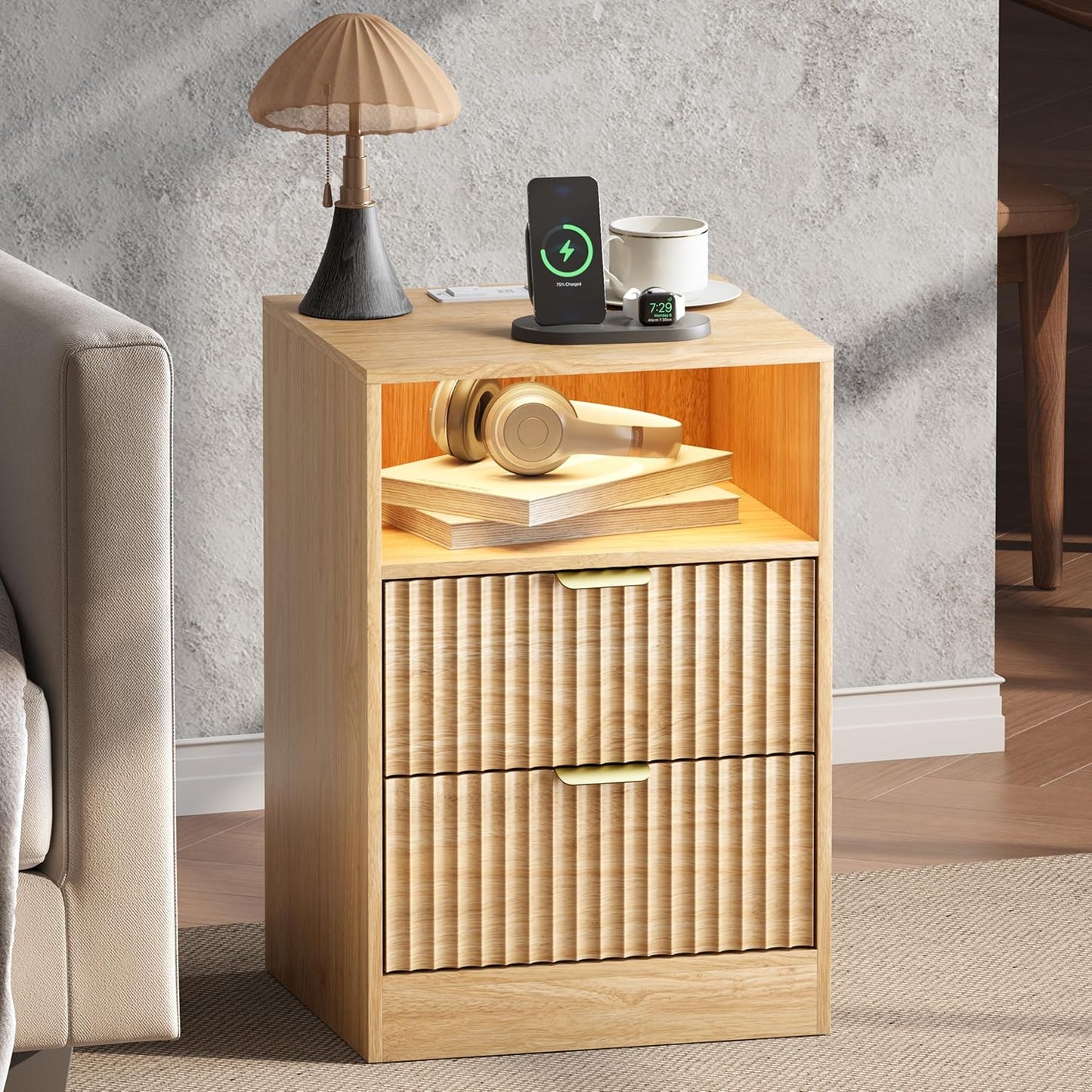 Natural Fluted Smart Nightstand Set
