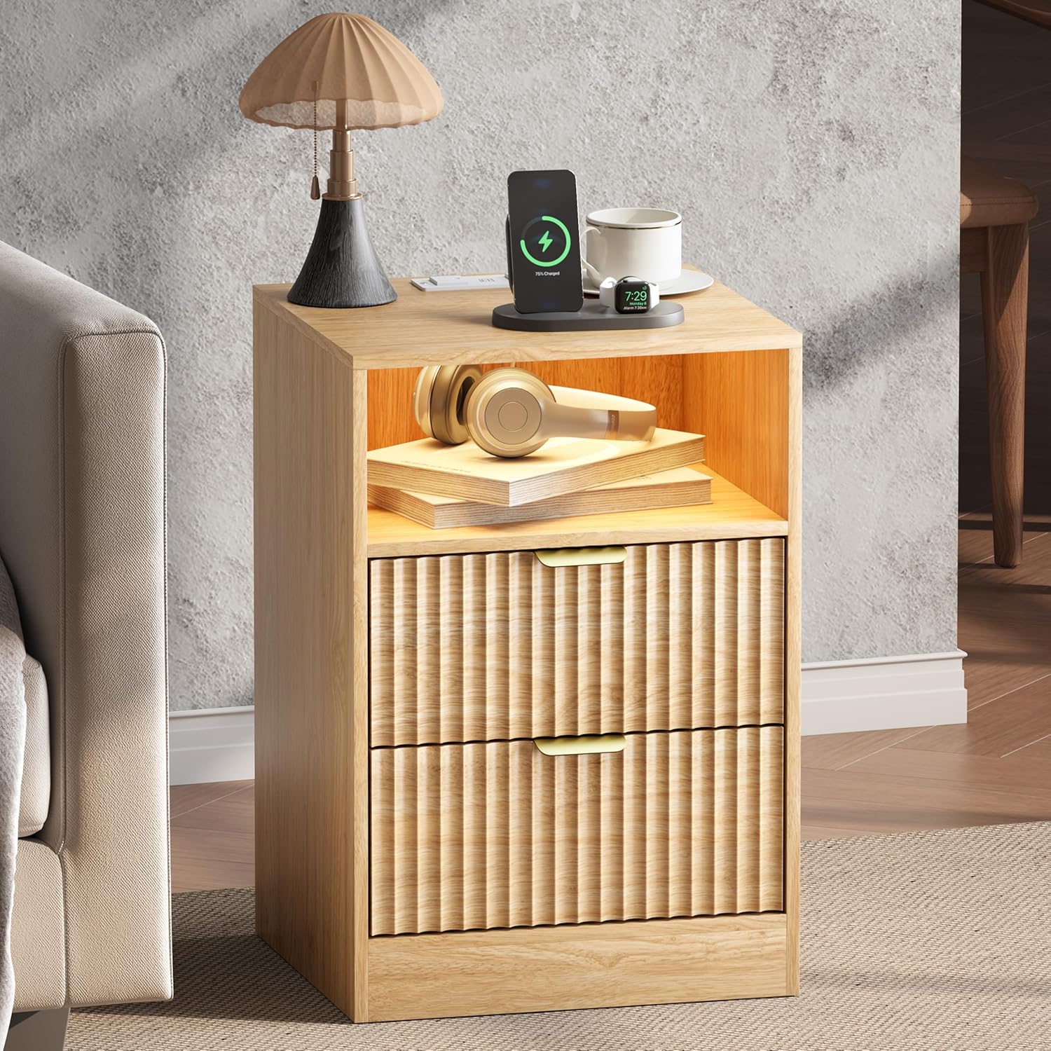 Natural Fluted Smart Nightstand Set