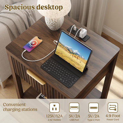 Fluted Walnut Charging Nightstand Set